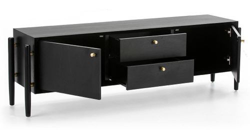 Meuble TV 2 tiroirs 2 portes bois noir 160 cm - Photo n°3; ?>