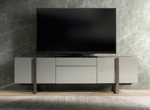 Meuble TV 2 portes 2 tiroirs bois plaqué chêne gris Pina - Photo n°2; ?>