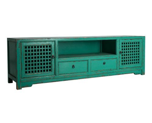 Meuble TV 2 portes 2 tiroirs pin massif recyclé turquoise Arjun - Photo n°2; ?>
