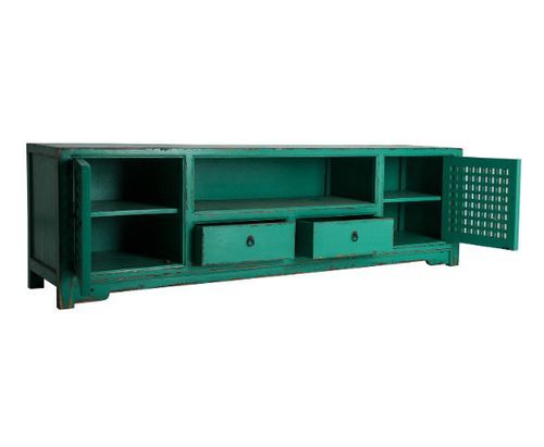 Meuble TV 2 portes 2 tiroirs pin massif recyclé turquoise Arjun - Photo n°3; ?>