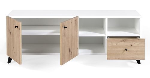 Meuble TV 2 portes 3 niches 1 tiroir en bois chêne clair et bois blanc Lazeto 140 cm - Photo n°3; ?>