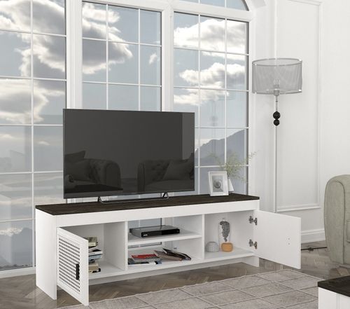Meuble TV 2 portes ajourées bois blanc et marron Amorka 150 cm - Photo n°2; ?>