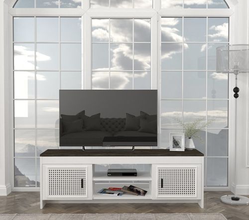 Meuble TV 2 portes ajourées bois blanc et marron Amorka 150 cm - Photo n°3; ?>