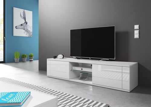Meuble TV 2 portes blanc et blanc brillant Kozira 140 cm - Photo n°2; ?>