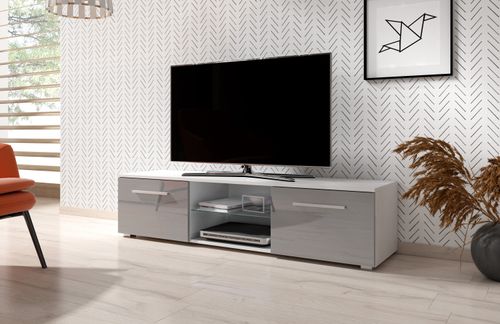 Meuble TV 2 portes blanc et gris laqué Roxel 140 cm - Photo n°3; ?>
