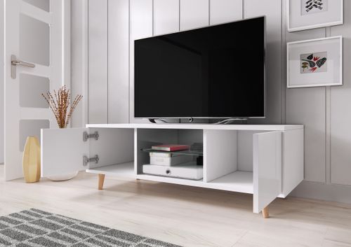 Meuble TV 2 portes blanc mat et gris laqué Kuzani 140 cm - Photo n°3; ?>