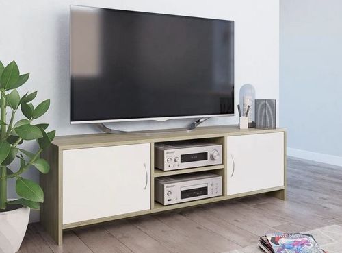 Meuble TV 2 portes bois blanc et chêne clair Maylin 120 cm - Photo n°2; ?>