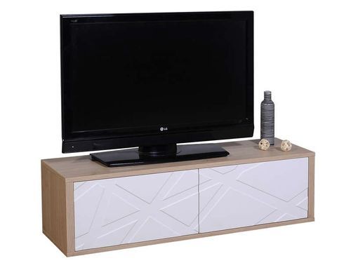 Meuble TV 2 portes bois clair et blanc brillant Grapt - Photo n°2; ?>