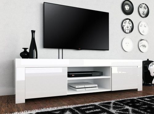 Meuble TV 2 portes bois laqué blanc brillant Ambre L 190 cm - Photo n°3; ?>