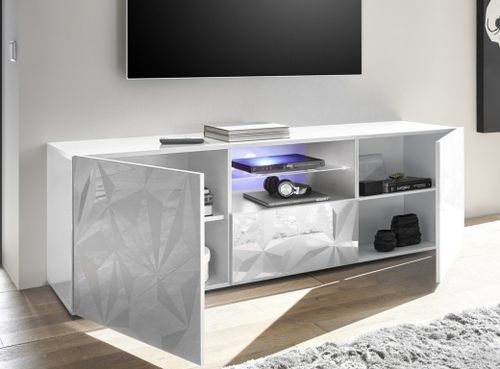 Meuble TV à LED 2 portes bois laqué blanc brillant Pagar L 180 cm - Photo n°3; ?>
