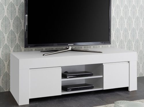Meuble TV 2 portes bois laqué blanc mat Napan L 138 cm - Photo n°2; ?>