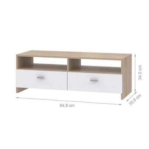 Meuble TV 2 tiroirs 2 niches bois blanc et chêne clair Basic - Photo n°3; ?>