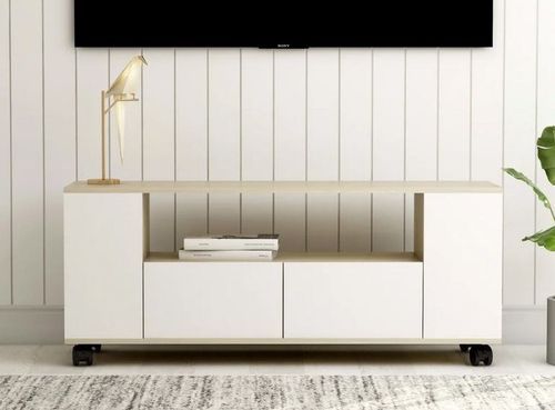 Meuble TV 2 tiroirs bois blanc et chêne clair Tacar 120 cm - Photo n°2; ?>