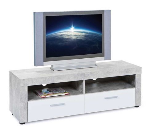 Meuble TV 2 tiroirs bois blanc et effet béton Bonnie 134 cm - Photo n°2; ?>