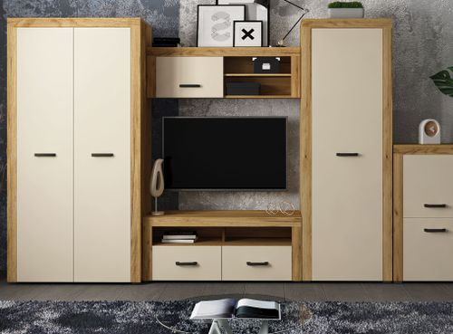 Meuble TV 2 tiroirs bois chêne clair et beige Raven L 120 cm - Photo n°3; ?>