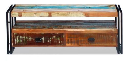 Meuble TV 2 tiroirs bois massif recyclé multicolore et métal noir Moust 120 cm - Photo n°2; ?>