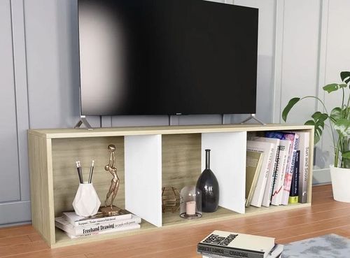 Meuble TV 3 niches bois blanc et chêne clair Membi 114 cm - Photo n°2; ?>