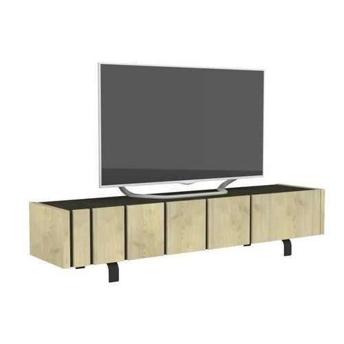 Meuble TV 3 portes style industriel bois clair et acier noir Ross 190 cm - Photo n°3; ?>