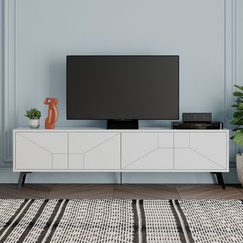 Meuble TV 4 portes bois blanc motif géométrique Kuzako 180 cm - Photo n°2; ?>