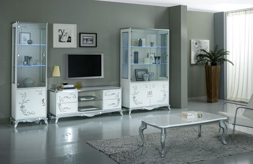 Meuble TV 4 tiroirs 2 niches bois laqué blanc et argent Dannie - Photo n°3; ?>