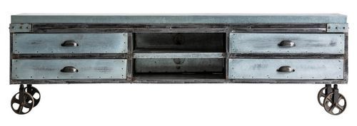Meuble TV 4 tiroirs manguier massif et métal gris Nourea - Photo n°3; ?>