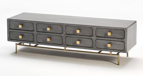 Meuble TV 8 tiroirs bois massif gris et pied métal doré 160 cm - Photo n°2; ?>