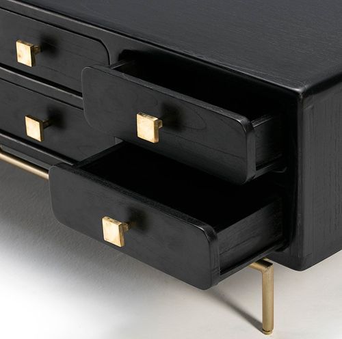 Meuble TV 8 tiroirs bois massif noir et pieds métal doré 160 cm - Photo n°2; ?>