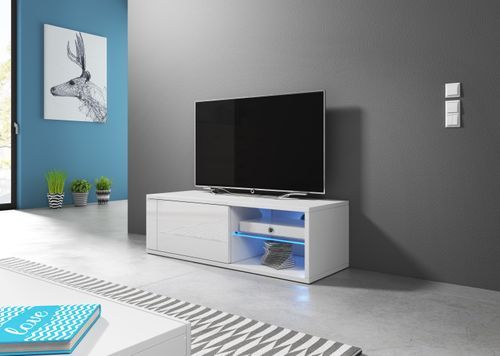 Meuble TV à Led 1 porte blanc et blanc laqué Alka 100 cm - Photo n°2; ?>