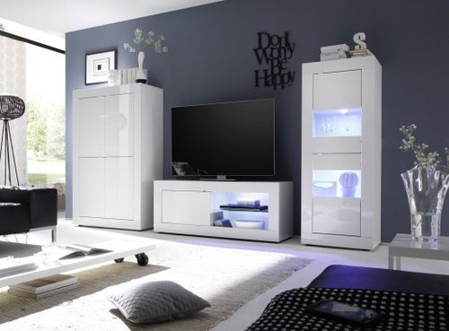 Meuble TV à LED 1 porte bois laqué blanc brillant Assic L 140 cm - Photo n°2; ?>