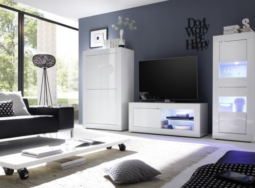 Meuble TV à LED 1 porte bois laqué blanc brillant Assic L 140 cm - Photo n°3; ?>