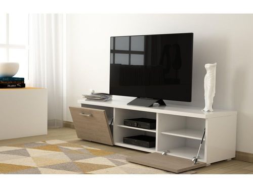 Meuble TV à LED 2 portes bois blanc et chêne clair Fukia - Photo n°3; ?>