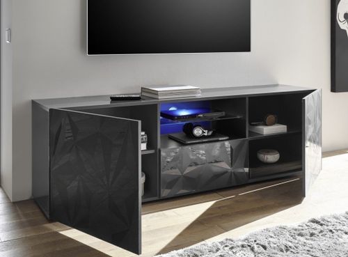 Meuble TV à LED 2 portes bois laqué anthracite brillant Pagar L 180 cm - Photo n°3; ?>