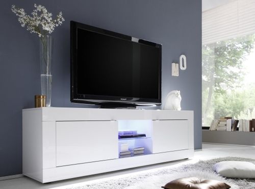 Meuble TV à LED 2 portes bois laqué blanc brillant Assic L 180 cm - Photo n°2; ?>