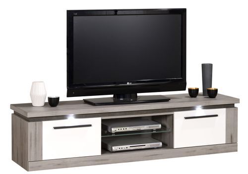 Meuble TV à LED 2 portes chêne gris et laqué blanc Oscaro - Photo n°2; ?>