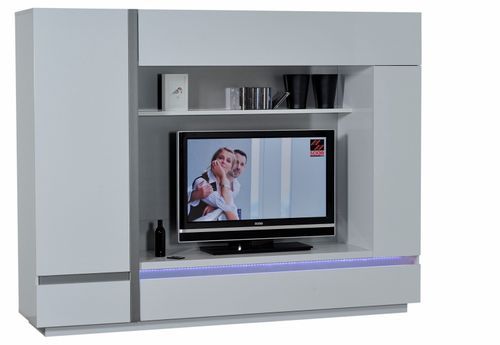 Meuble TV à LED 4 portes bois laqué blanc Kartz - Photo n°2; ?>