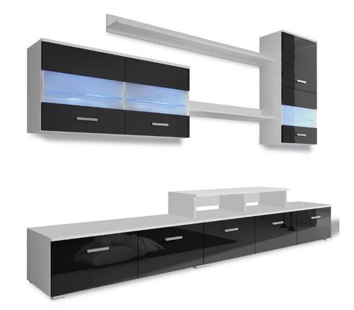 Meuble TV à LED 7 pièces bois blanc et noir brillant Glamourous - Photo n°2; ?>