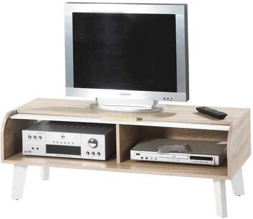 Meuble TV à rideau bois chêne clair et pieds blanc Hippie - Photo n°2; ?>