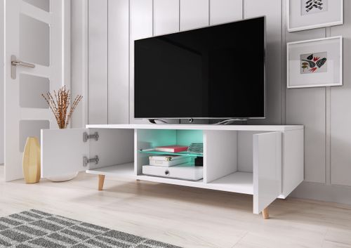 Meuble TV avec led 2 portes blanc mat et blanc laqué Kuzani 140 cm - Photo n°3; ?>