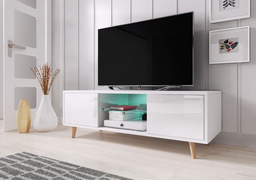 Meuble TV avec led 2 portes blanc mat et blanc laqué Kuzani 140 cm - Photo n°2; ?>