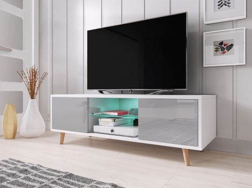 Meuble TV avec led 2 portes blanc mat et gris laqué Kuzani 140 cm - Photo n°2; ?>
