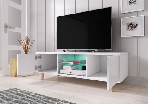 Meuble TV avec led 2 portes blanc mat et gris laqué Kuzani 140 cm - Photo n°3; ?>