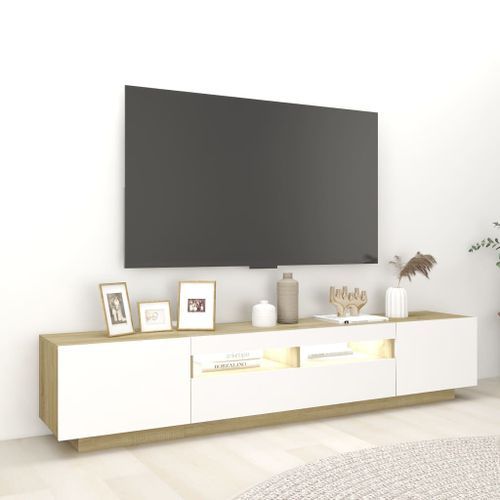 Meuble TV avec lumières LED Blanc et chêne sonoma 200x35x40 cm - Photo n°3; ?>