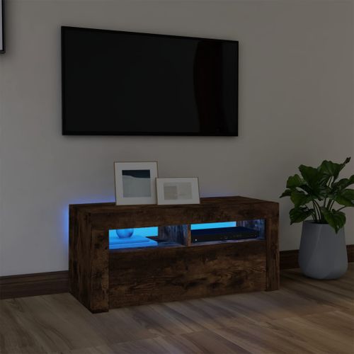 Meuble TV avec lumières LED Chêne fumé 90x35x40 cm - Photo n°2; ?>