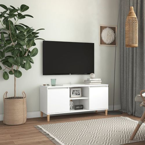 Meuble TV avec pieds en bois massif Blanc 103,5x35x50 cm - Photo n°2; ?>
