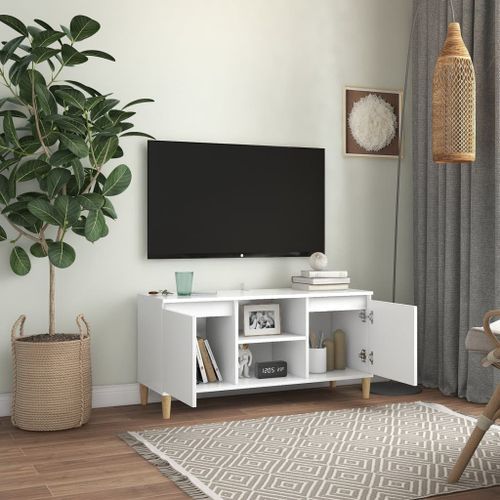 Meuble TV avec pieds en bois massif Blanc 103,5x35x50 cm - Photo n°3; ?>