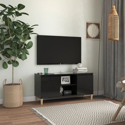 Meuble TV avec pieds en bois Noir brillant 103,5x35x50 cm - Photo n°2; ?>
