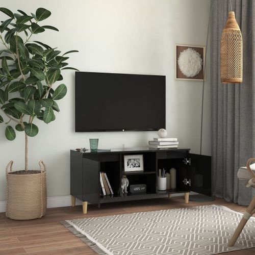 Meuble TV avec pieds en bois Noir brillant 103,5x35x50 cm - Photo n°3; ?>
