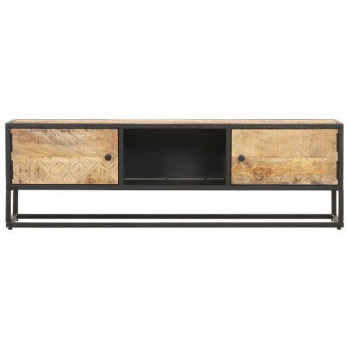 Meuble TV avec porte sculptée 130x30x40cm Bois de manguier brut - Photo n°3; ?>