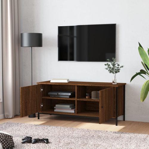 Meuble TV avec portes chêne marron 102x35x45 cm bois ingénierie - Photo n°3; ?>