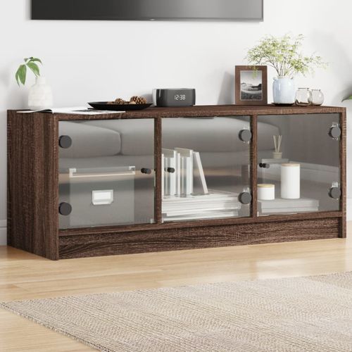 Meuble TV avec portes en verre chêne marron 102x37x42 cm - Photo n°2; ?>